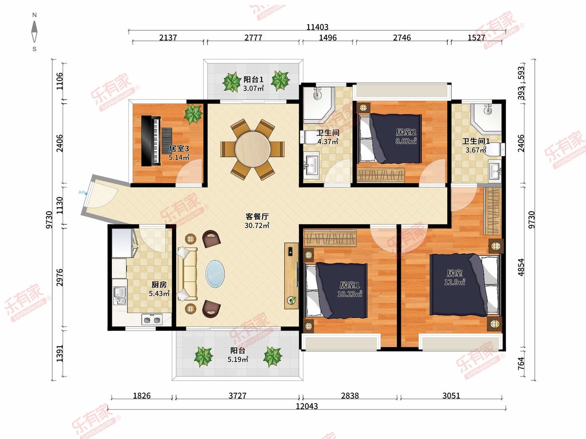佳兆业时代·可园 4房2厅2卫1厨2阳113.0m² 南北
