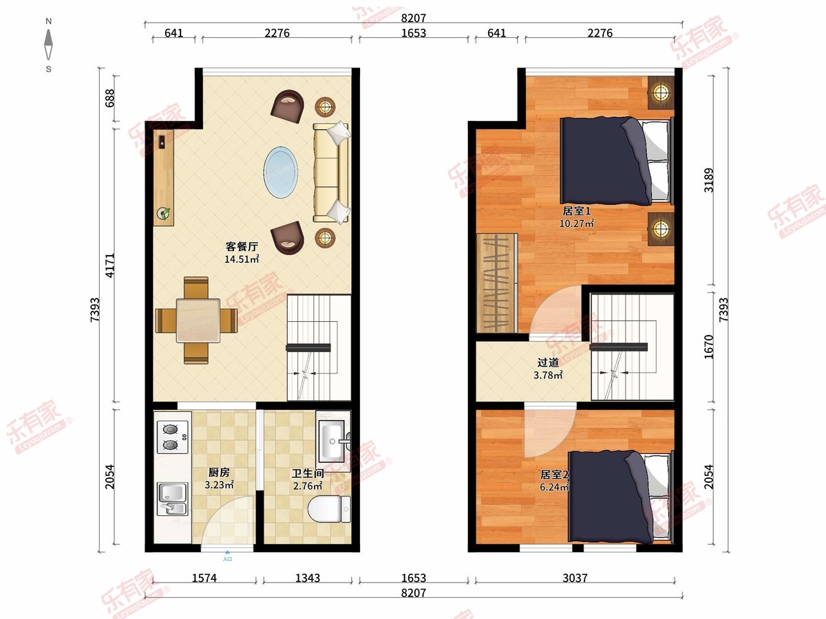 天泰金邸名门商住区 2房2厅1卫1厨30m²