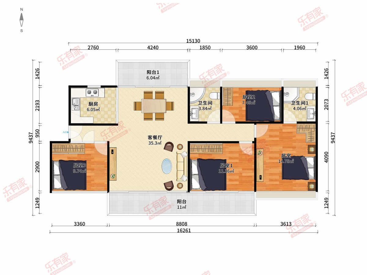 小径海岸城花园（三期）（银滩花园） 4房2厅2卫1厨2阳127.97m² 南北