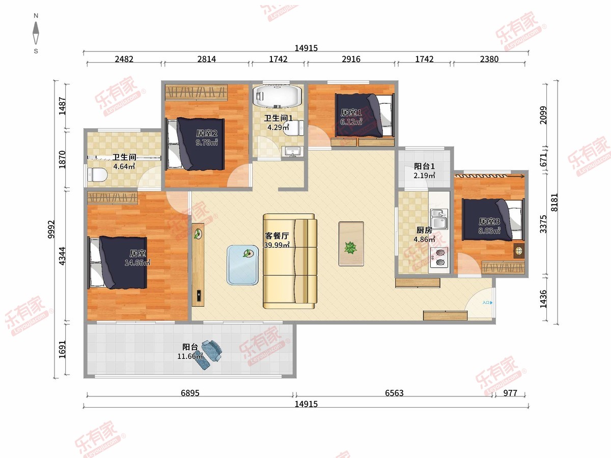 泰丰花园 4房2厅2卫1厨2阳122.0m² 南