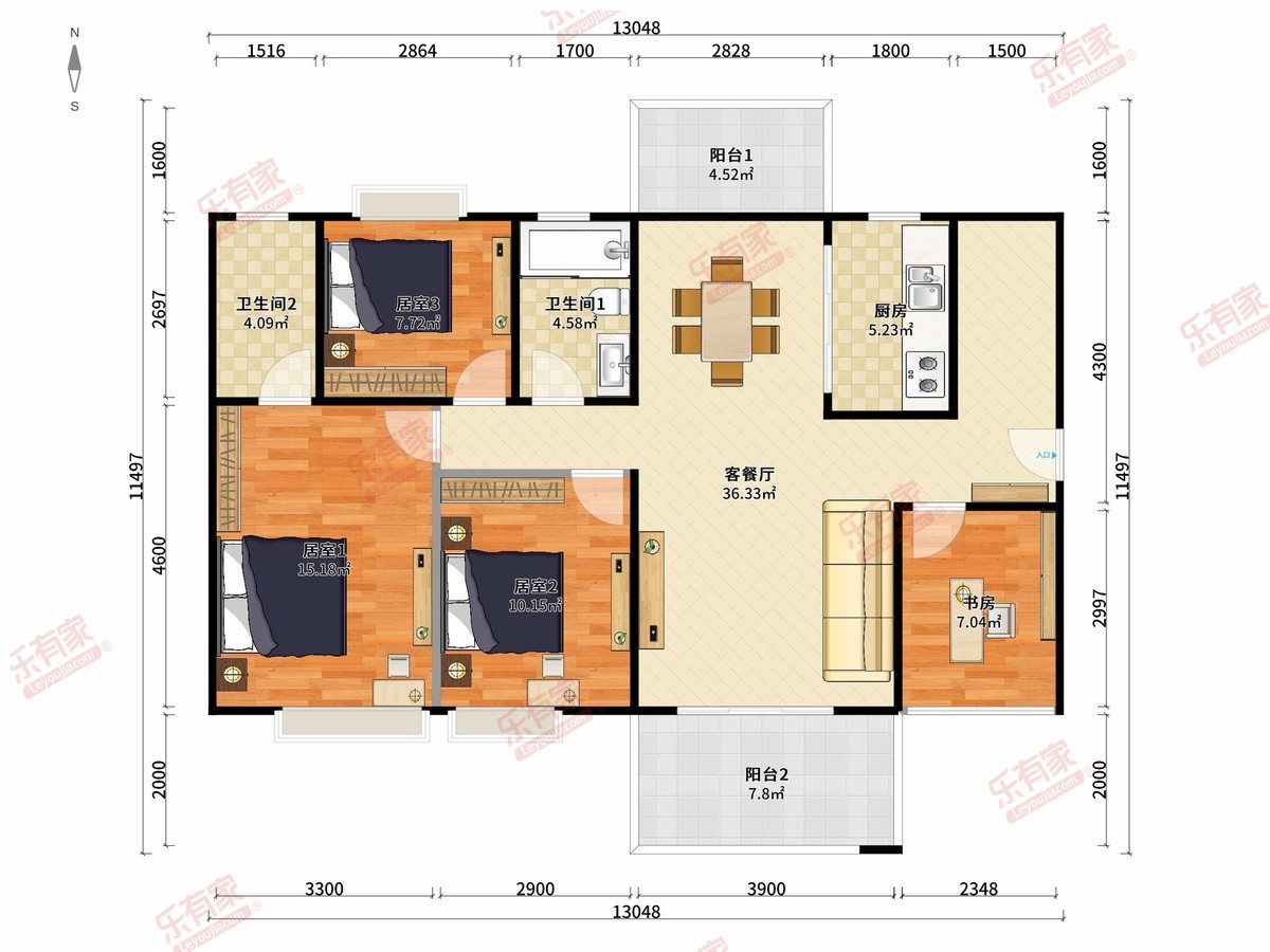 骏威骏雅府 4房2厅2卫1厨2阳107.12m² 南北