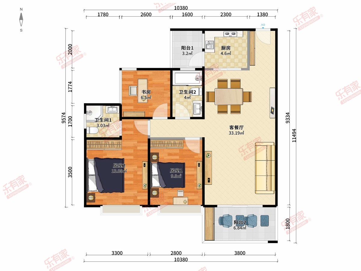 骏威骏雅府 3房2厅2卫1厨2阳100.26m² 南