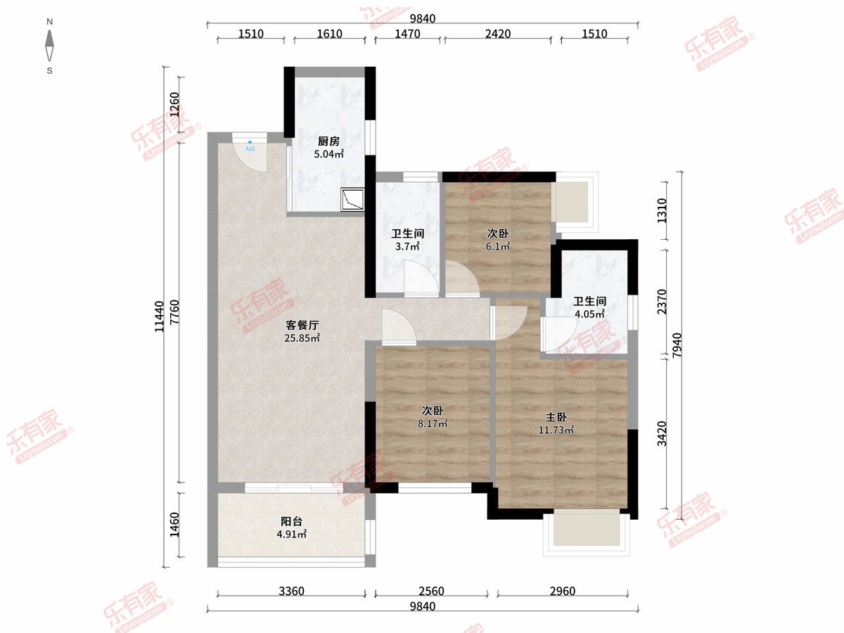 嘉福铭著花园 3房2厅2卫1厨1阳89.0m² 东南