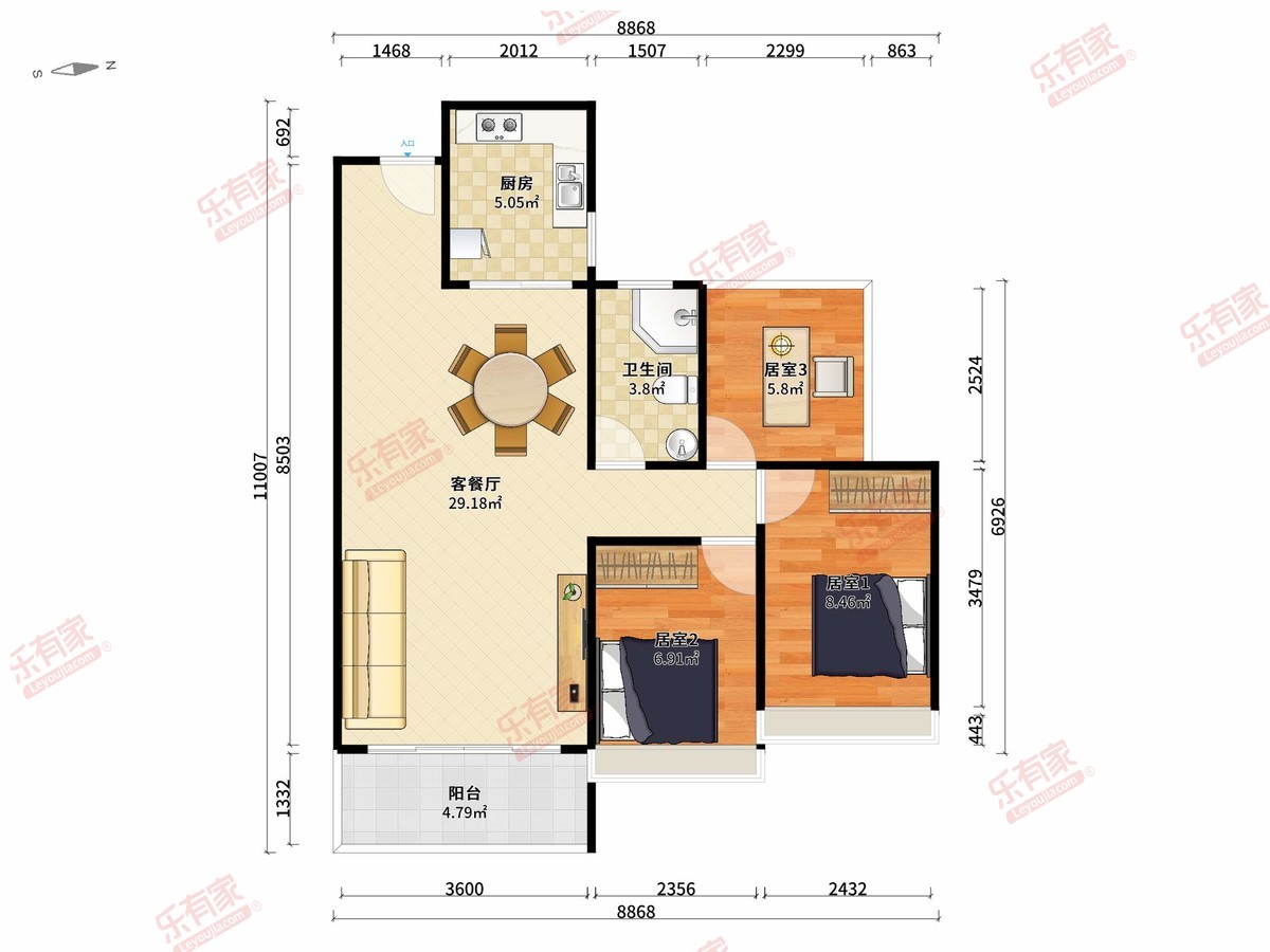 江茂华府 3房2厅1卫1厨1阳81.19m² 东