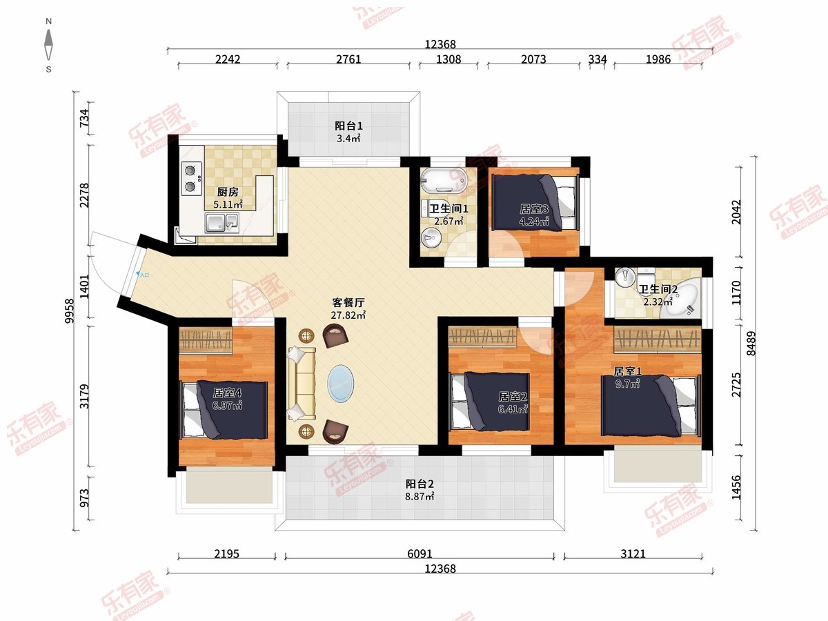 金昌富竹苑三期 4房2厅2卫1厨2阳114.43m² 南北