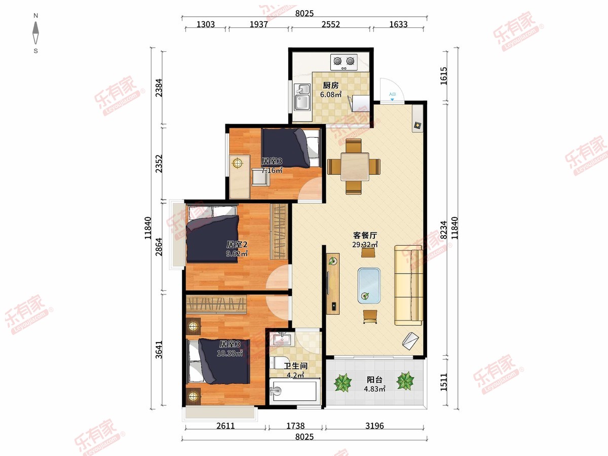 龙湖春江名宸 3房2厅1卫1厨1阳87.0m² 南