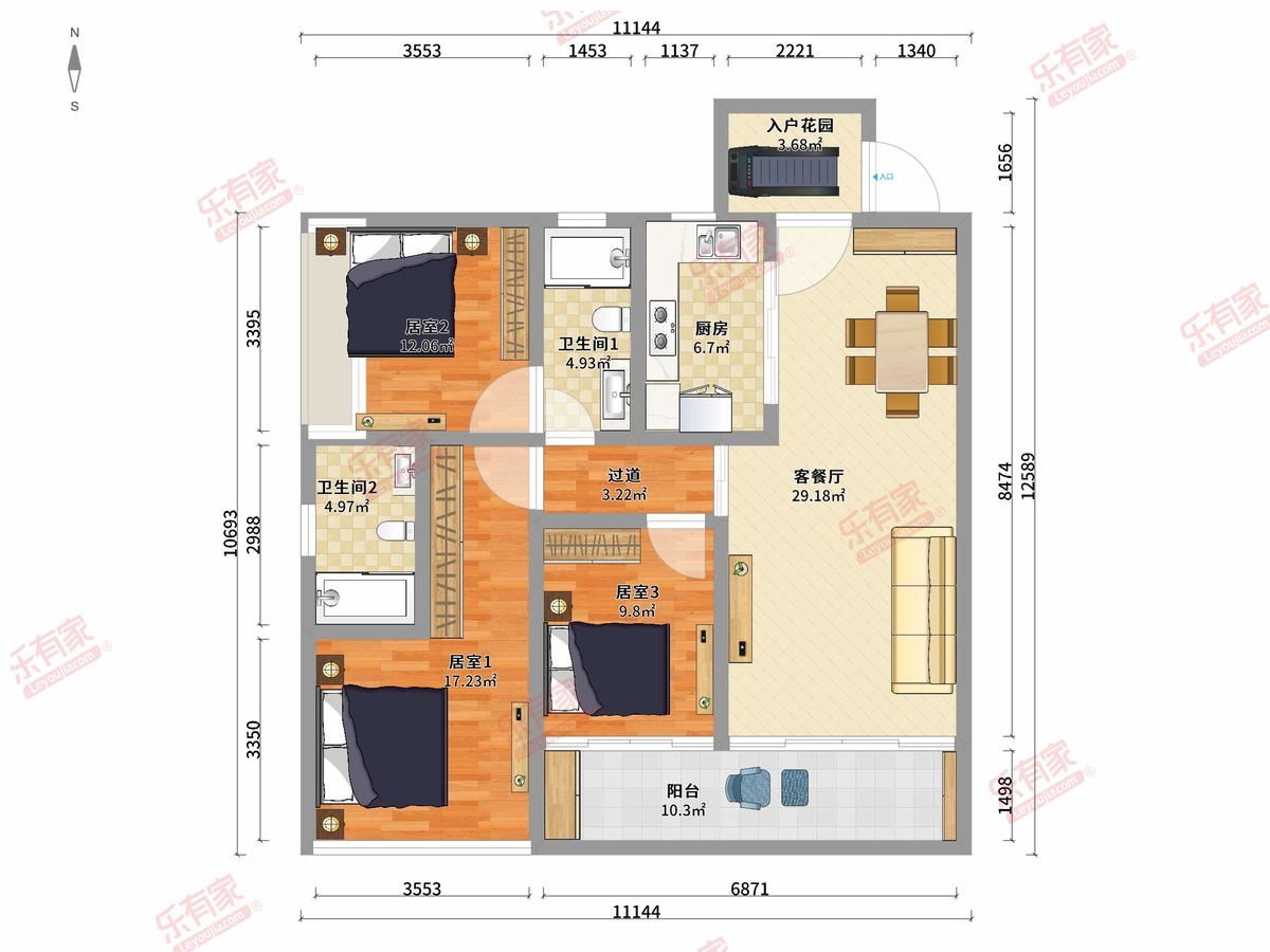 万科金域曦府 3房2厅2卫1厨1阳106.0m² 南