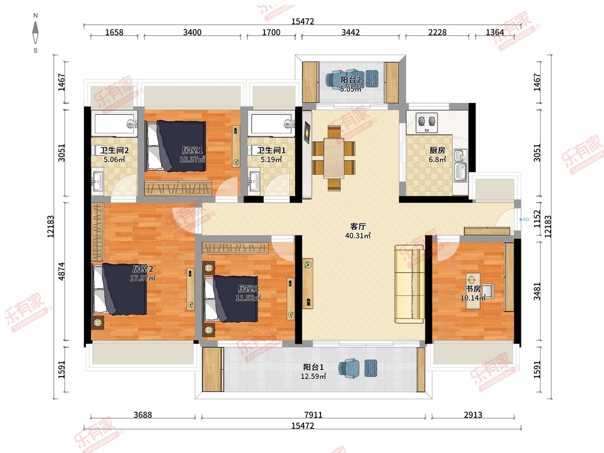 岐雅居 4房1厅2卫1厨2阳132.0m² 南北