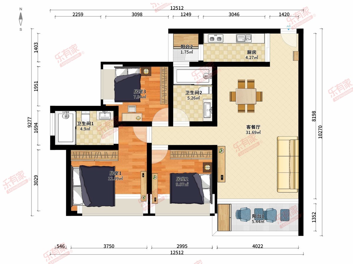龙光玖瑞府 3房2厅2卫1厨2阳96.0m² 南