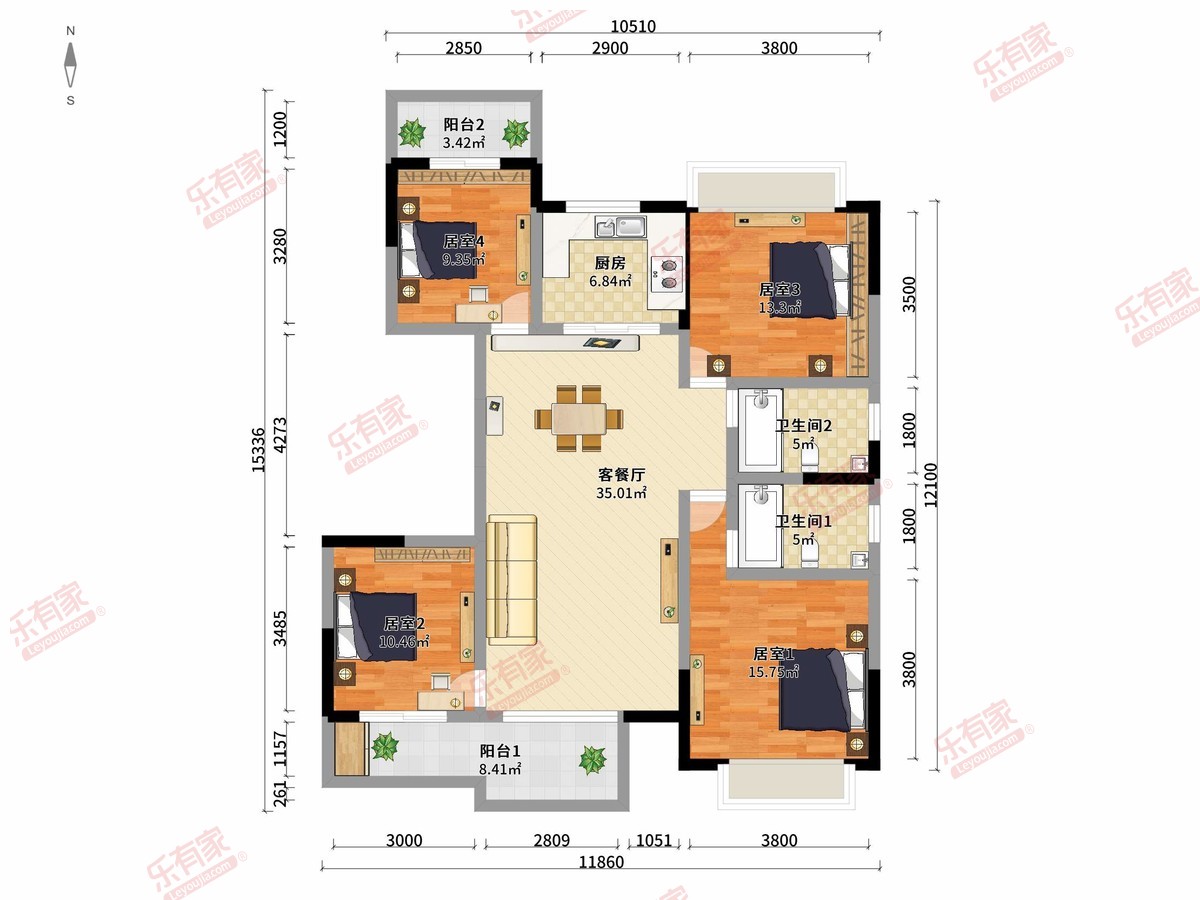 云锦花园 4房2厅2卫1厨2阳127.0m² 南