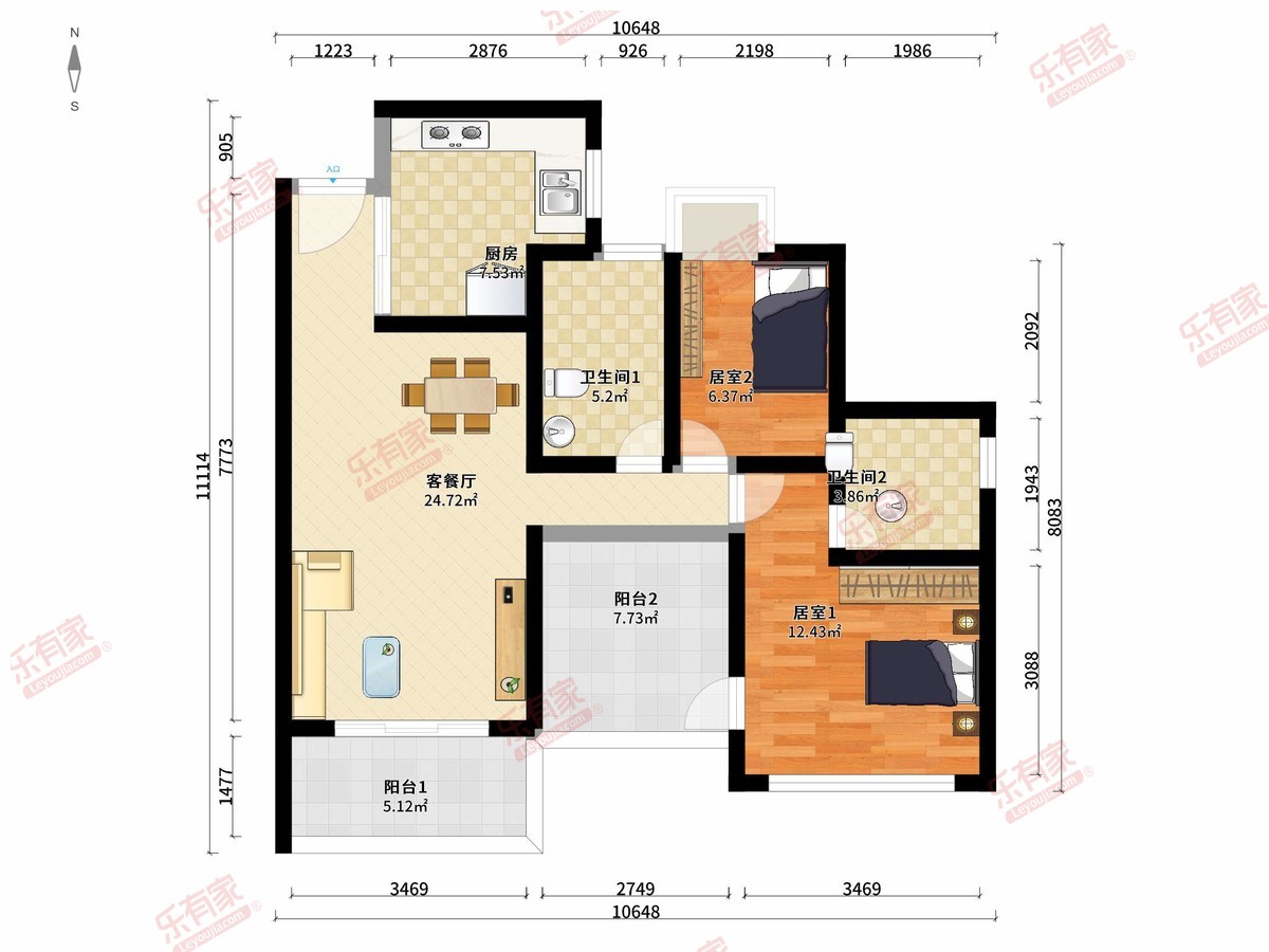 中信凯旋君庭 2房2厅2卫1厨2阳89.0m² 西南