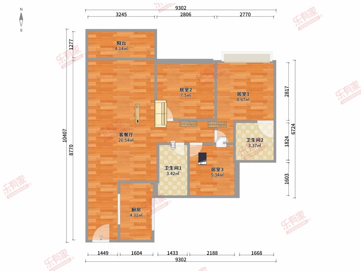 时代名著 3房2厅2卫1厨1阳83.0m² 北