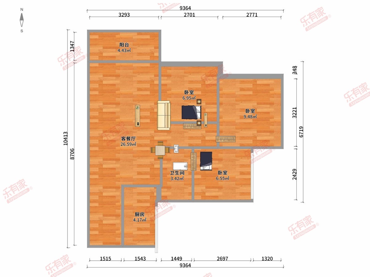 时代名著 3房2厅1卫1厨1阳77.0m² 南