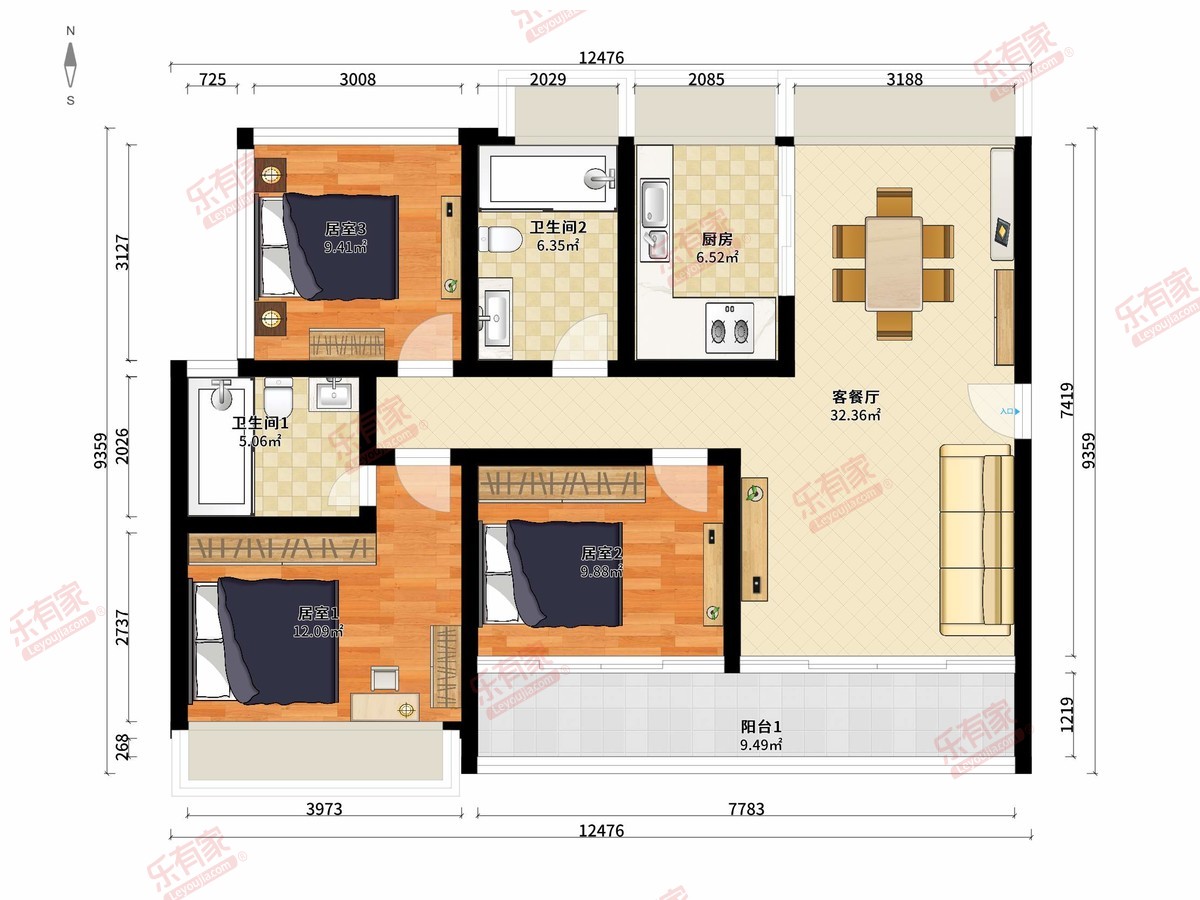 吉祥东方花园 3房2厅2卫1厨1阳95.0m² 南