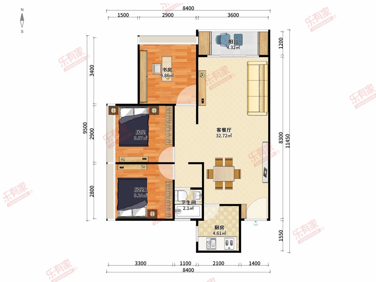 首域花园 3房2厅1卫1厨1阳87.0m² 北