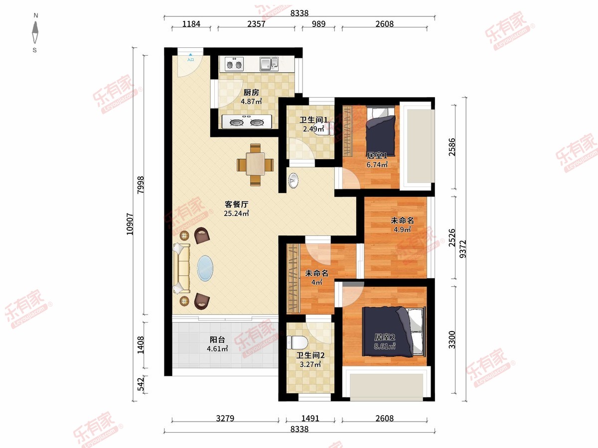 翠园华府 2房2厅2卫1厨1阳85.58m² 南