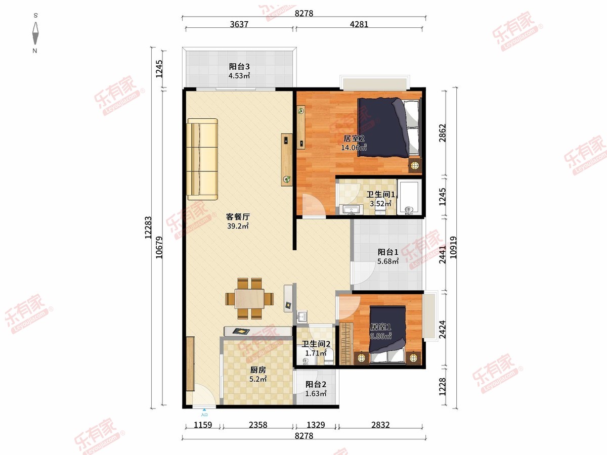 富盈公馆 2房2厅2卫1厨3阳89.28m² 南
