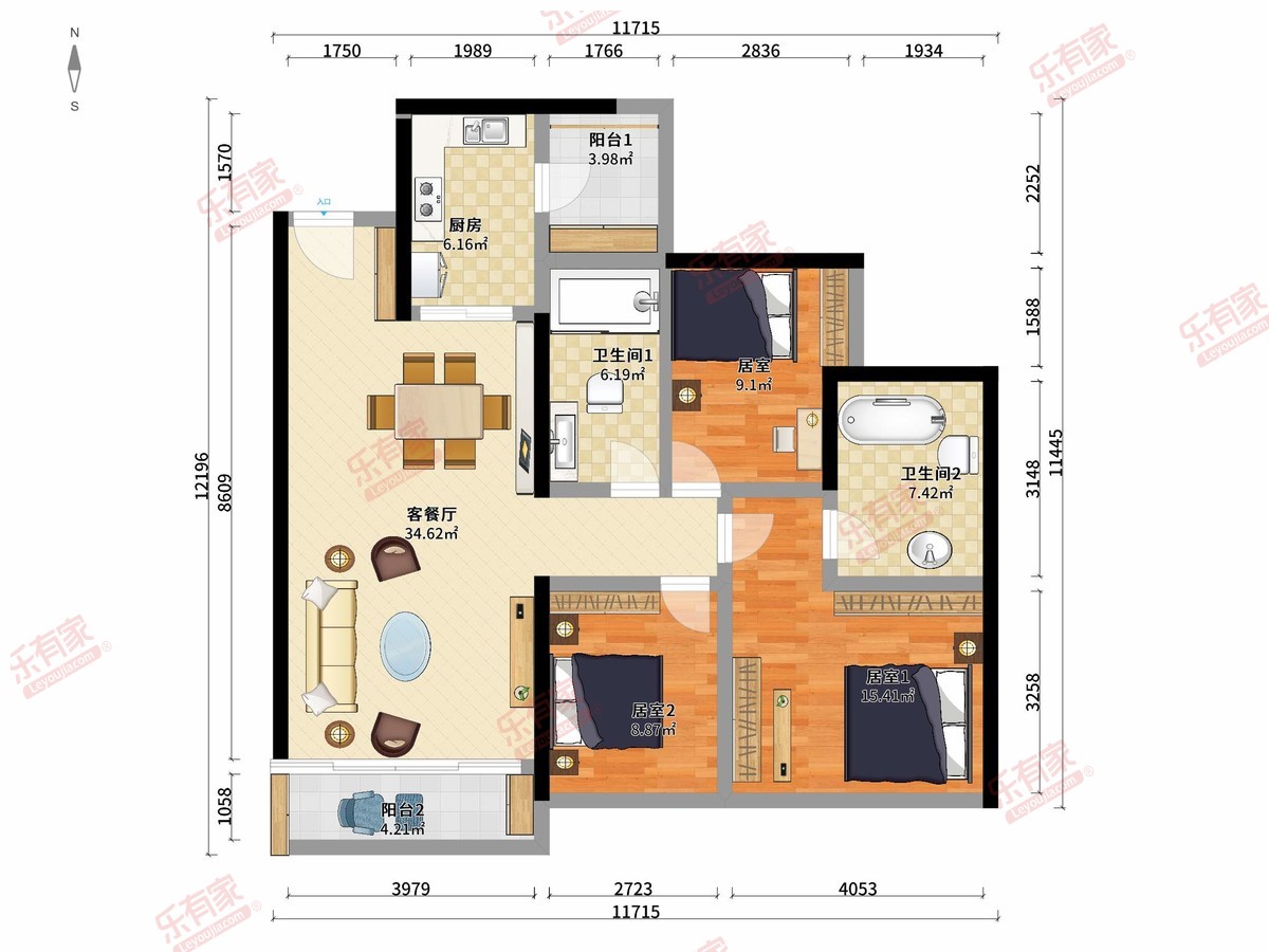 盛璟润府 3房2厅2卫1厨2阳96.24m² 南