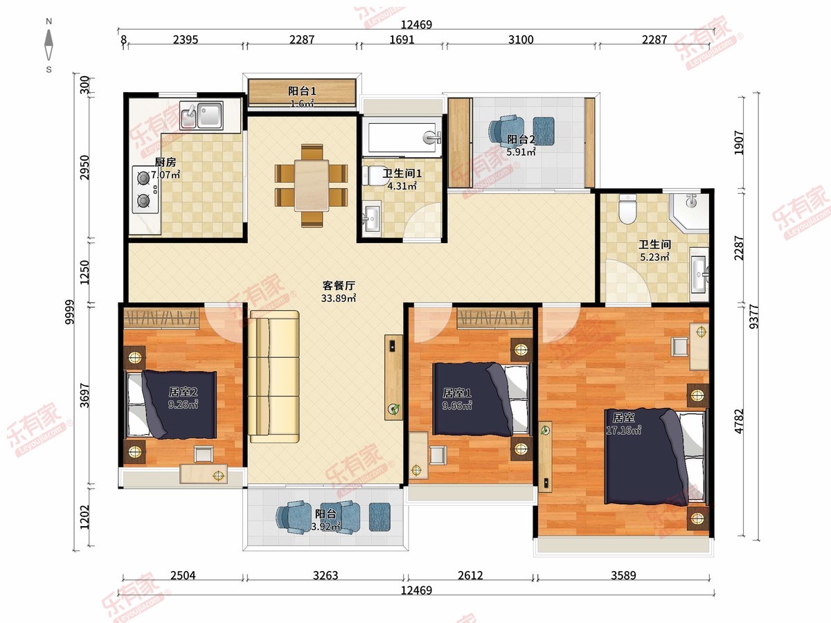 招商·依山华府 3房2厅2卫1厨3阳118.0m² 南北