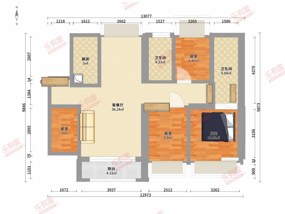 金众柏悦公馆 4房2厅2卫1厨1阳109.17m² 南北