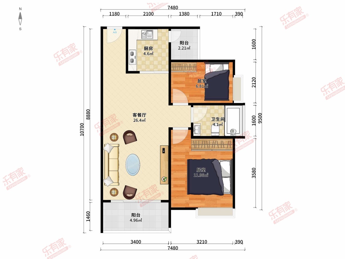 富盈公馆 2房2厅1卫1厨2阳77.07m² 南 1