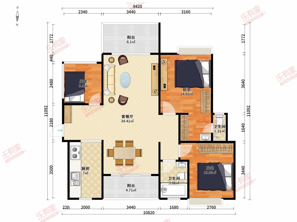 富盈公馆 3房2厅2卫1厨2阳104.6m² 南北