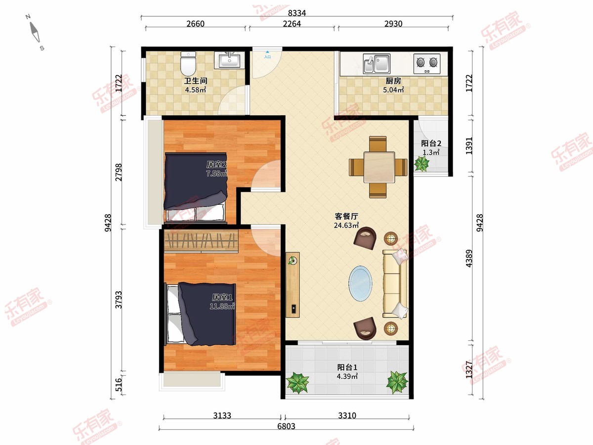 罗浮上善公馆 2房2厅1卫1厨2阳71.0m² 南