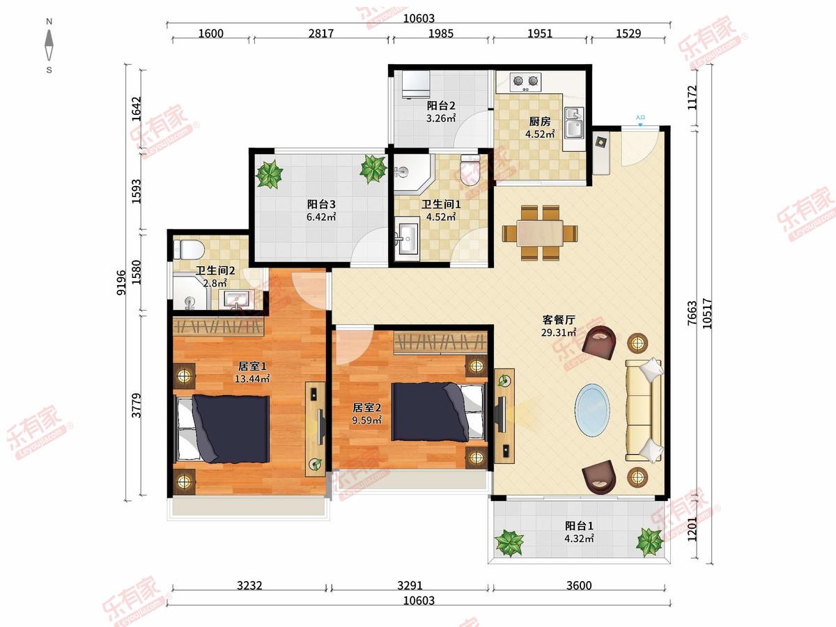 玉兰花园 2房2厅2卫1厨3阳88.0m² 南 1