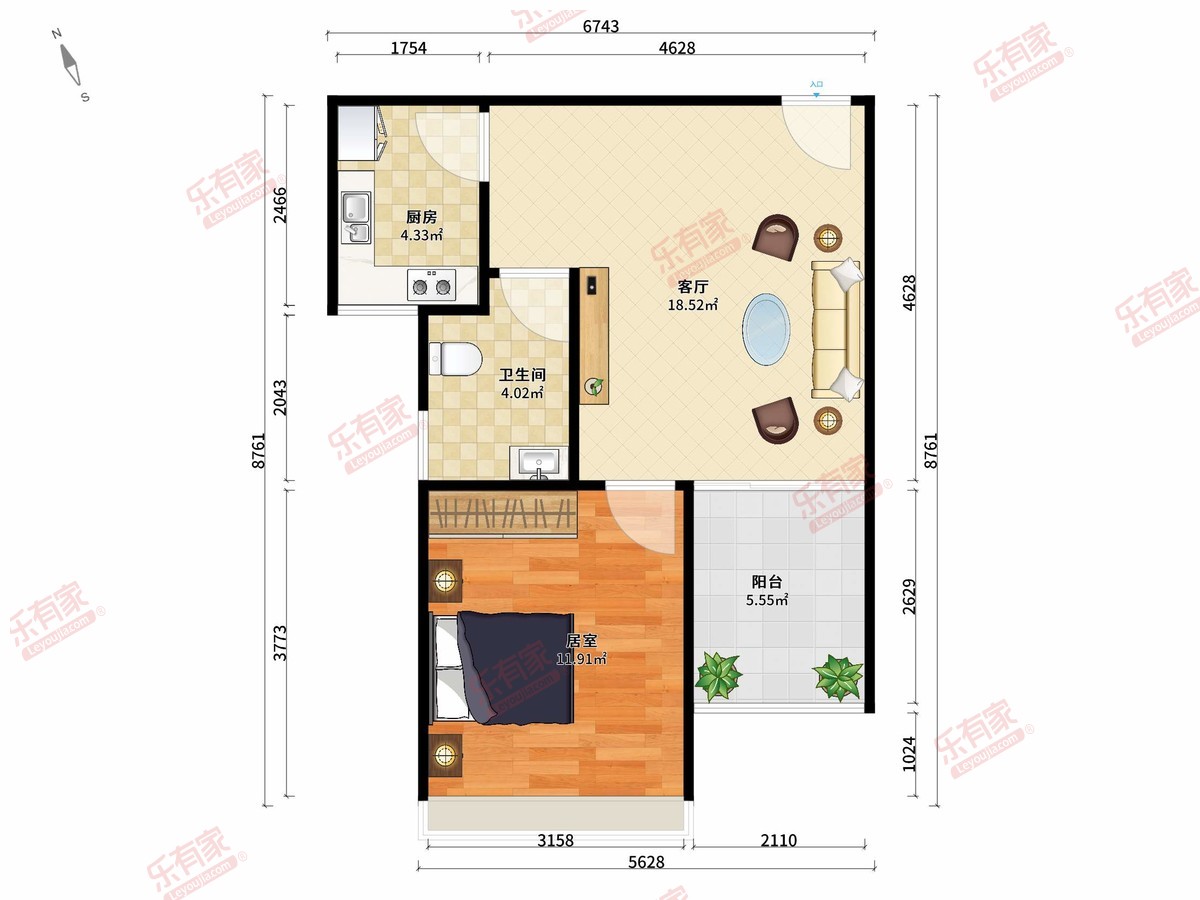 罗浮上善公馆 1房1厅1卫1厨1阳51.0m² 南