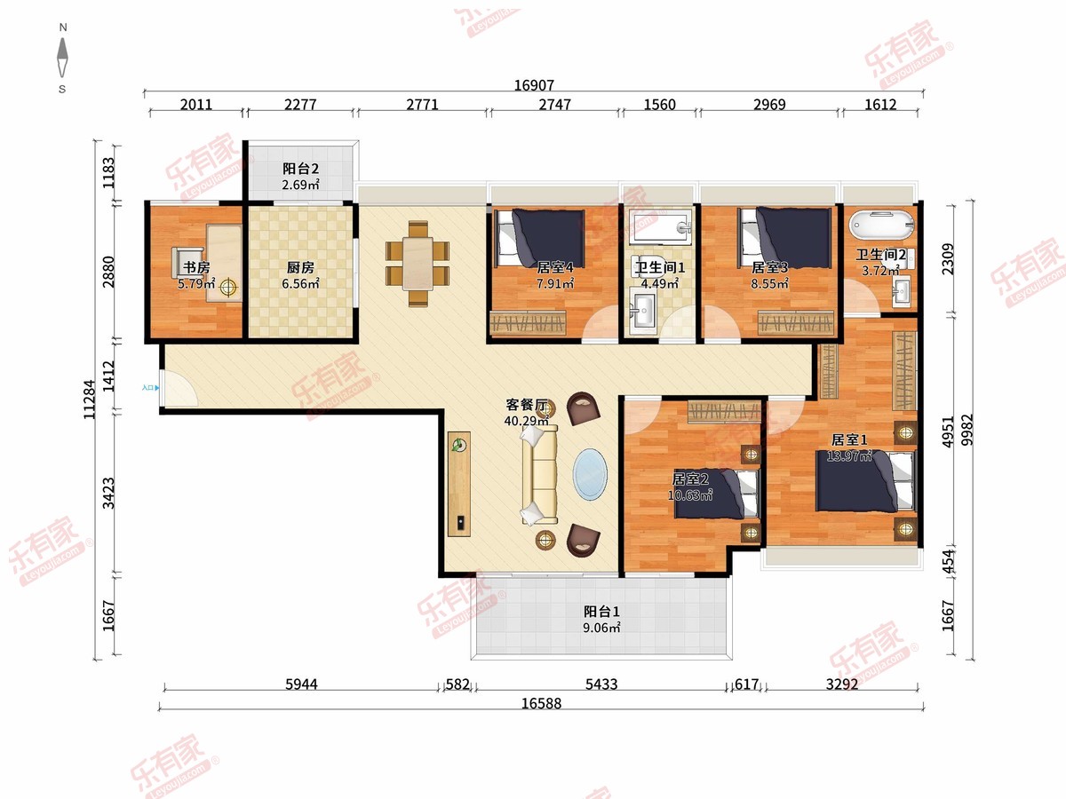 鸿瑞花园 5房2厅2卫1厨2阳140.0m² 南北