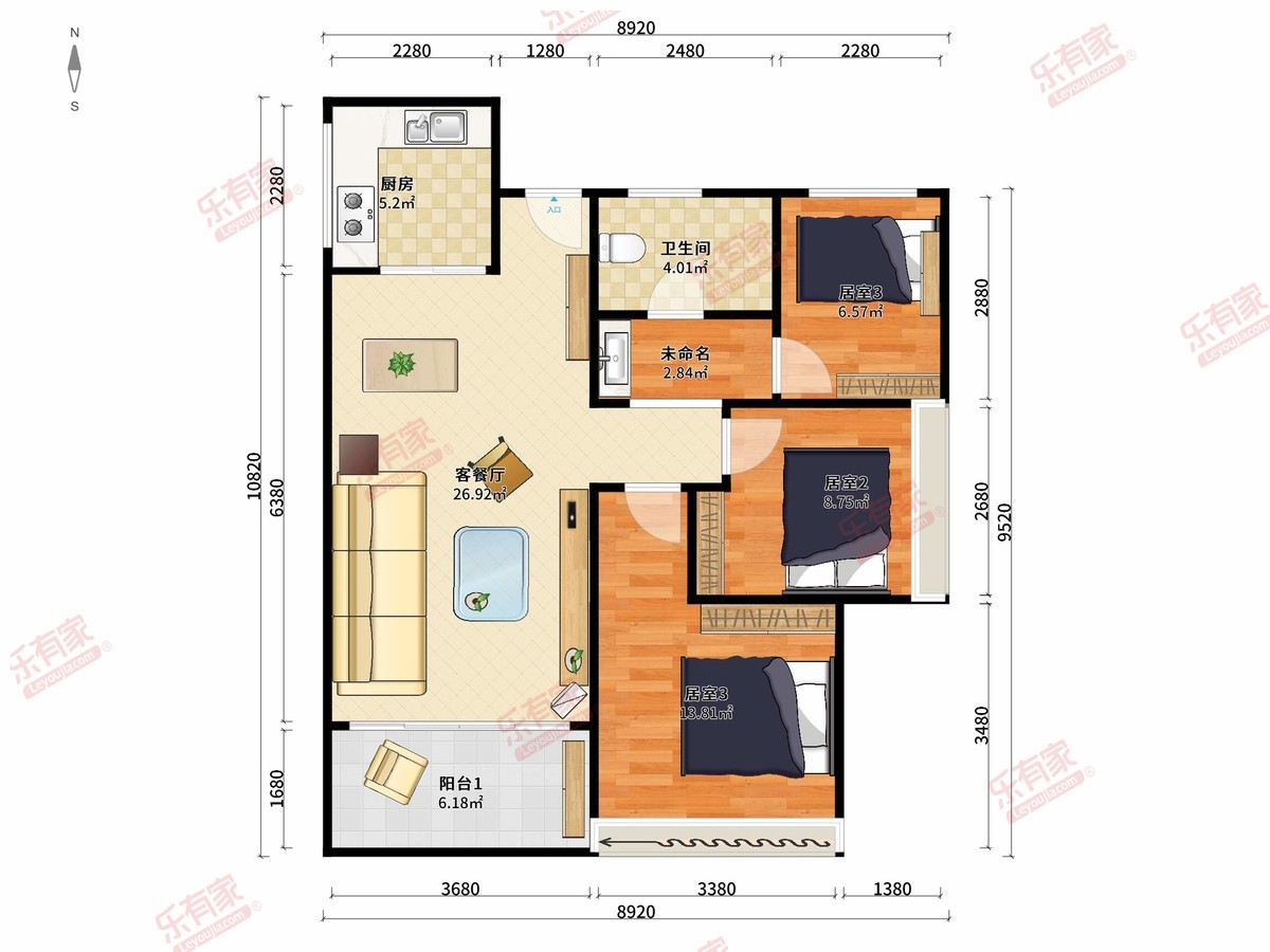 盛越华府 3房2厅1卫1厨1阳93.18m² 南