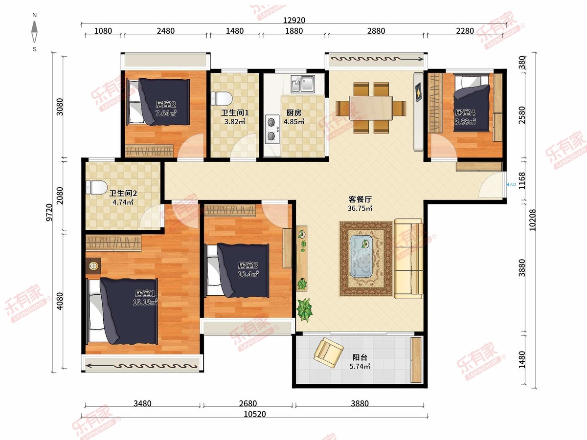 盛越华府 4房2厅2卫1厨1阳120.68m² 南北
