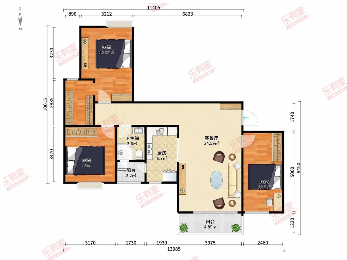 新华联广场 3房2厅1卫1厨2阳112.0m² 北