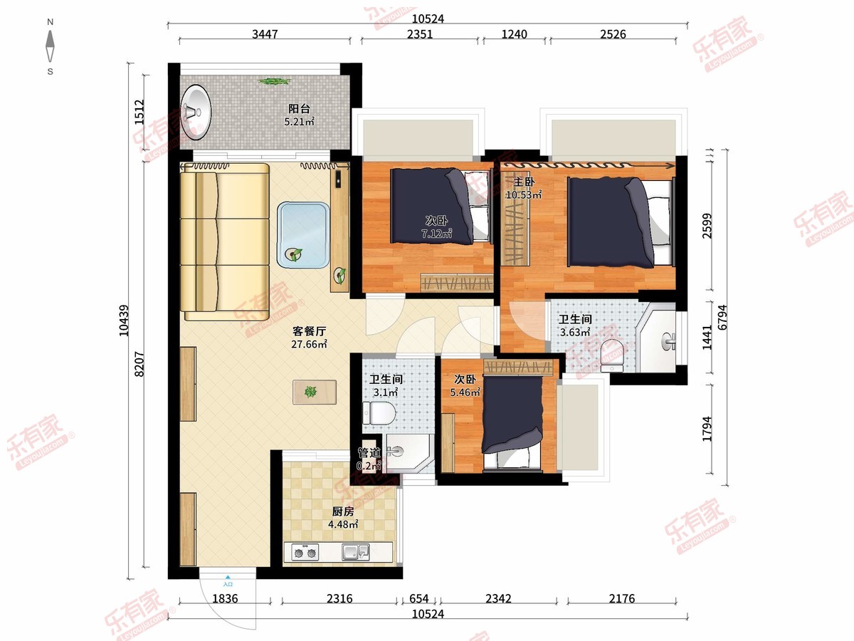 天健东玥台 3房2厅2卫1厨1阳85.0m² 南