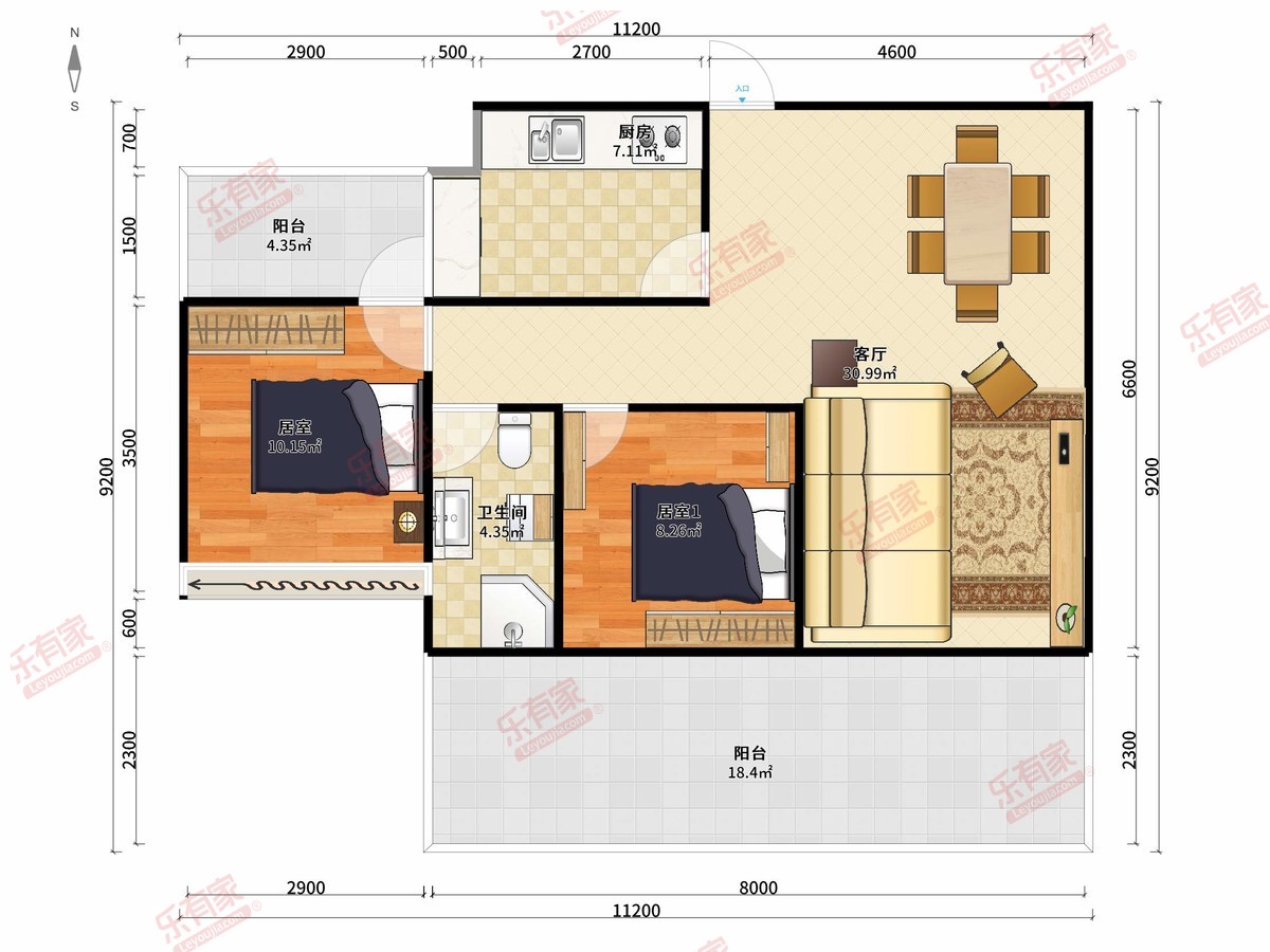 智祥名苑 2房1厅1卫1厨2阳95.0m² 南
