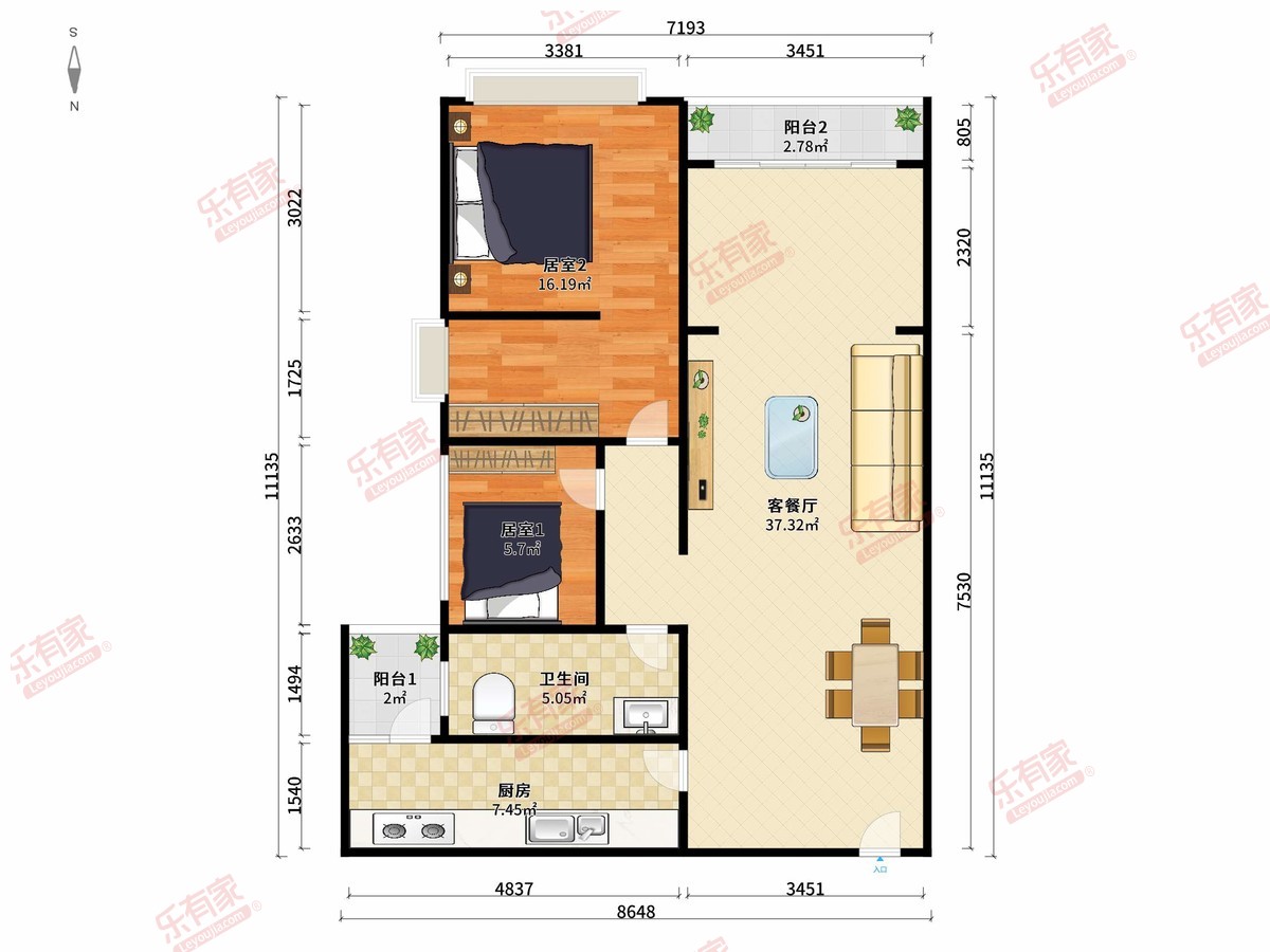 华业玫瑰郡 2房2厅1卫 87.51㎡