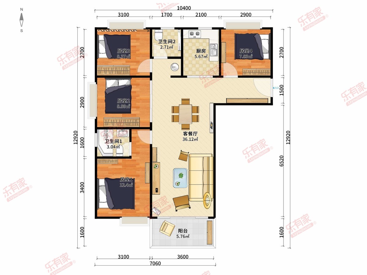 金鑫阁4房2厅2卫1厨1阳115m²南
