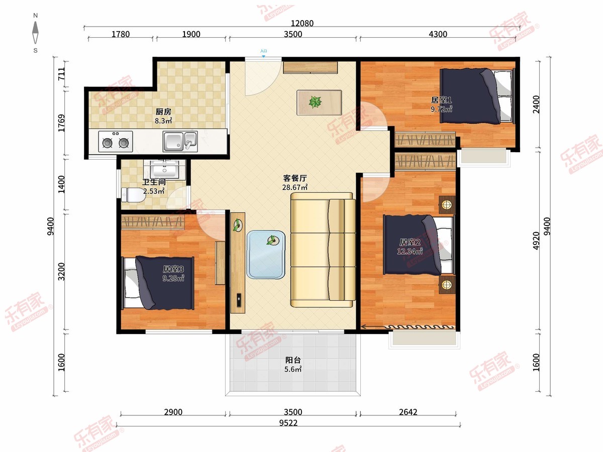 金鑫阁3房2厅1卫1厨1阳96m²南