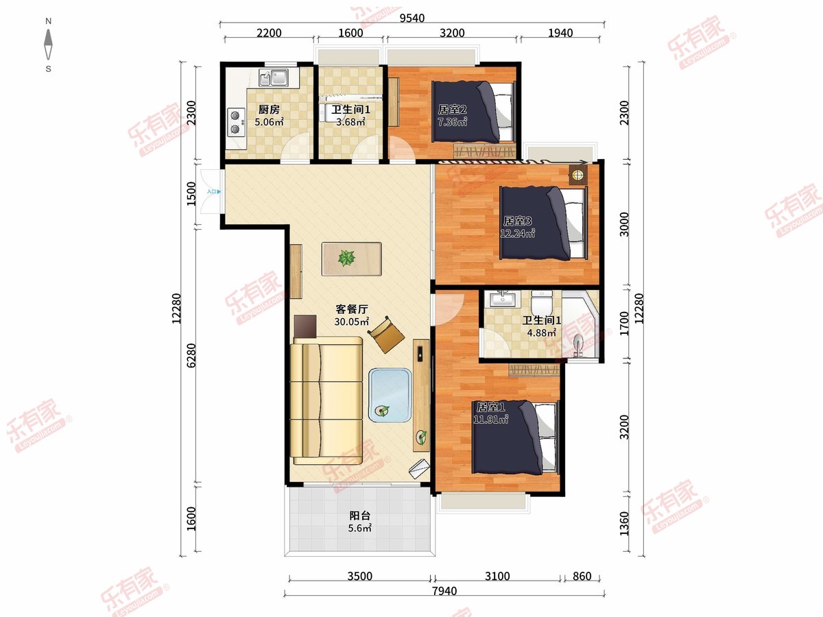 金鑫阁3房2厅2卫1厨1阳102m²南