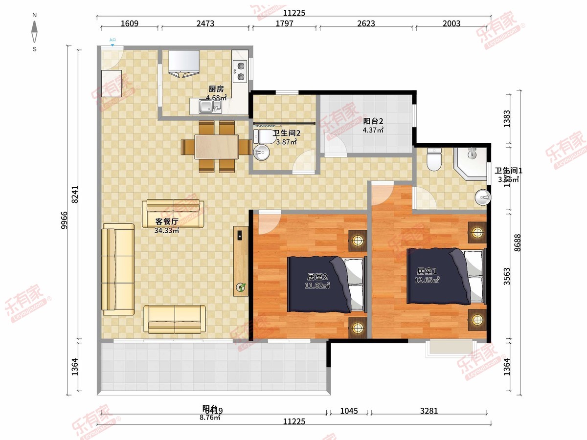 云合悦西园 2房2厅2卫1厨2阳93.57m² 南