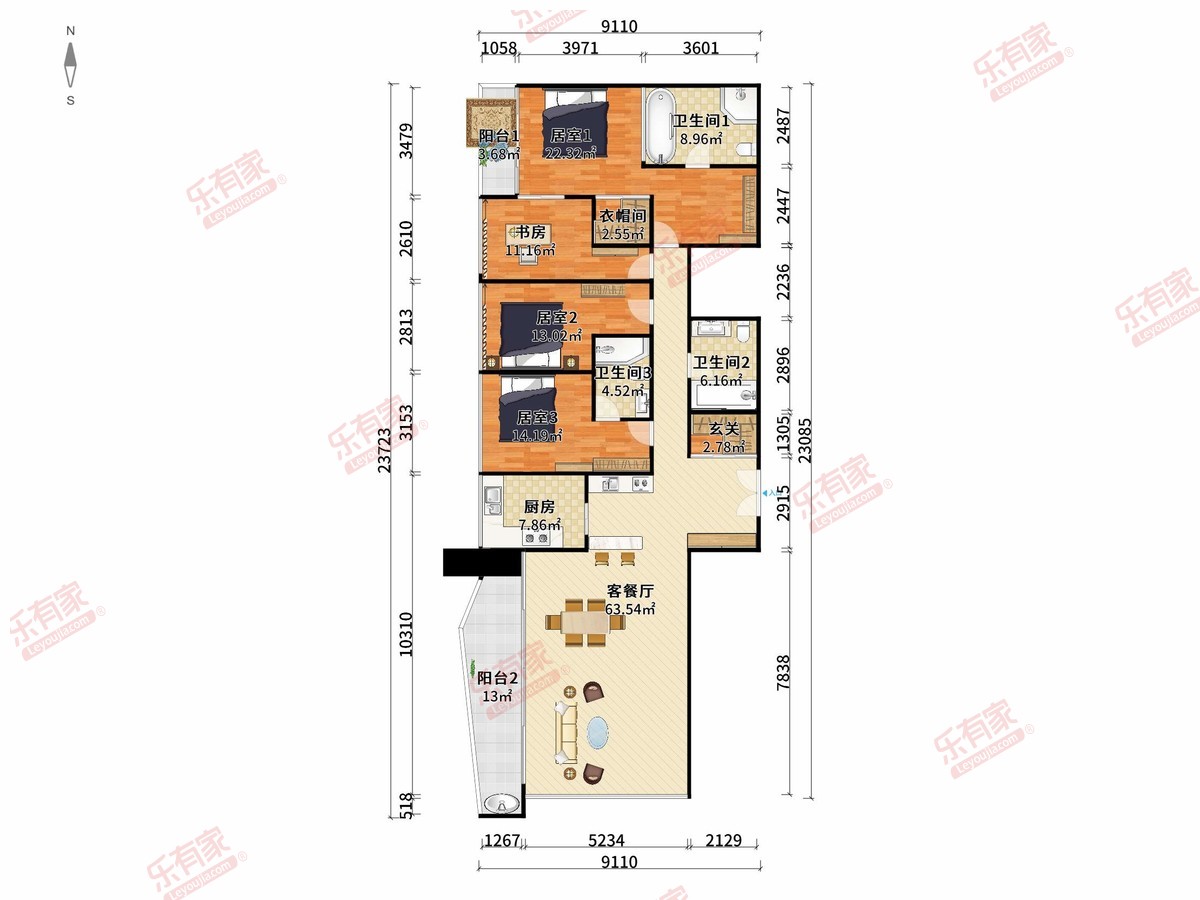 臻林天汇大厦 4房2厅3卫1厨2阳222.0m² 西