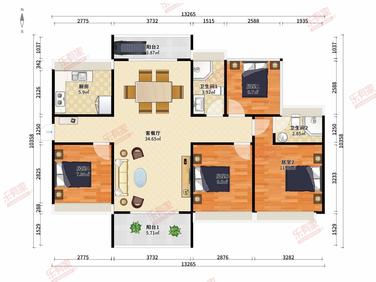 铂悦府 4房2厅2卫1厨2阳115.0m² 南北