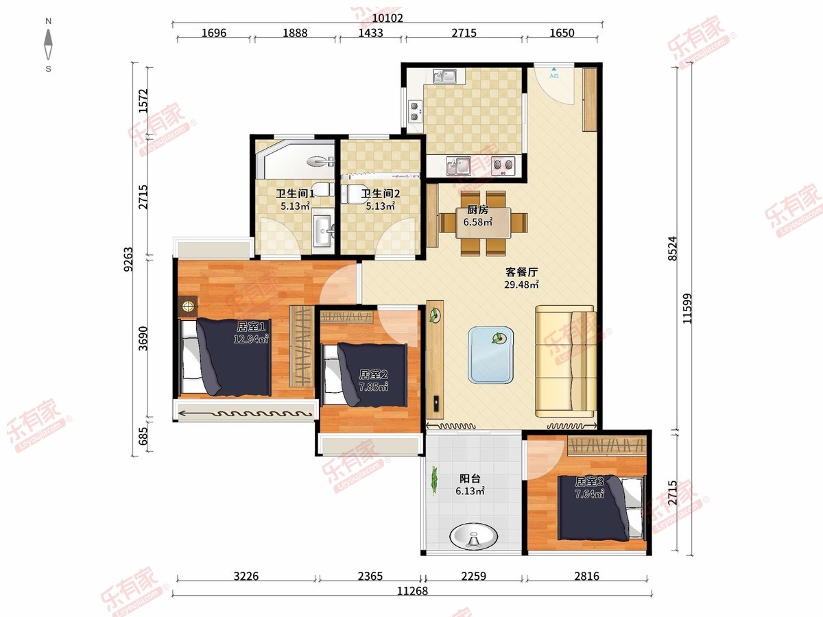雅居乐新城雅郡 3房2厅2卫1厨1阳81.0m² 南