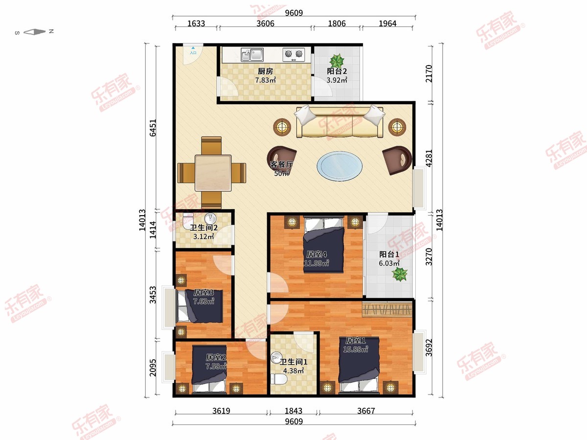 恒福广场 4房2厅2卫 144.5㎡