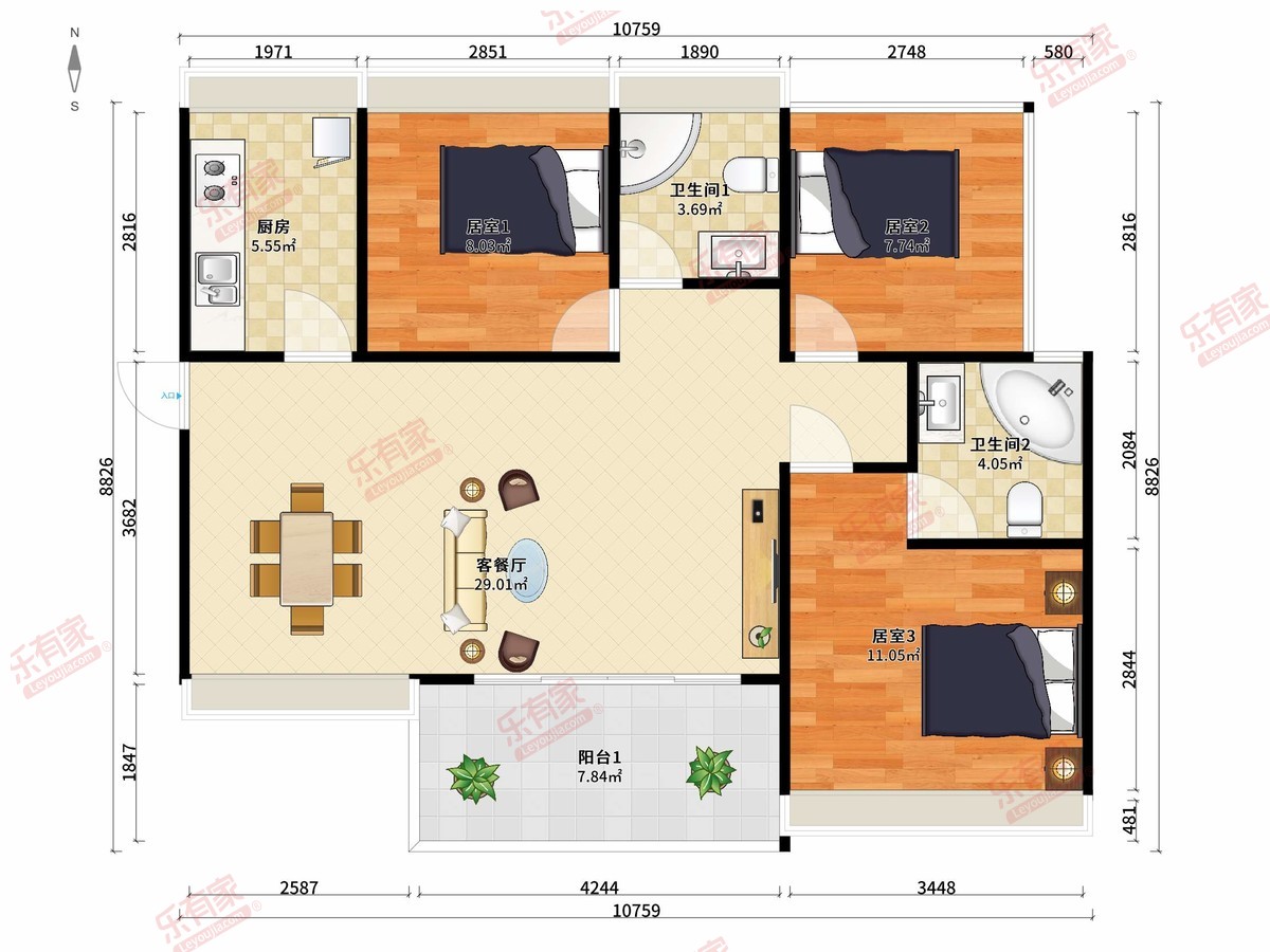 铂悦府 3房2厅2卫1厨1阳97.0m² 南