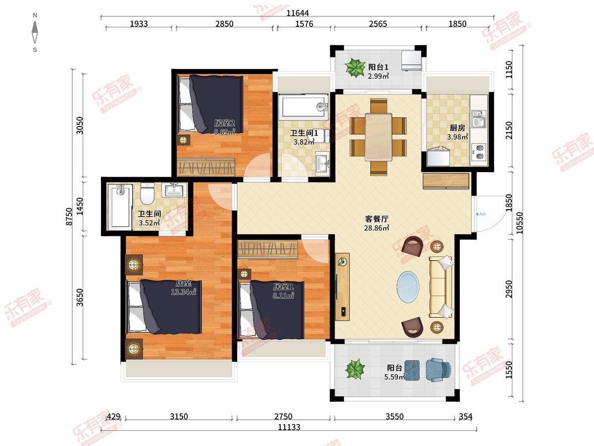 玖璟台 3房2厅2卫1厨2阳95.0m² 南北