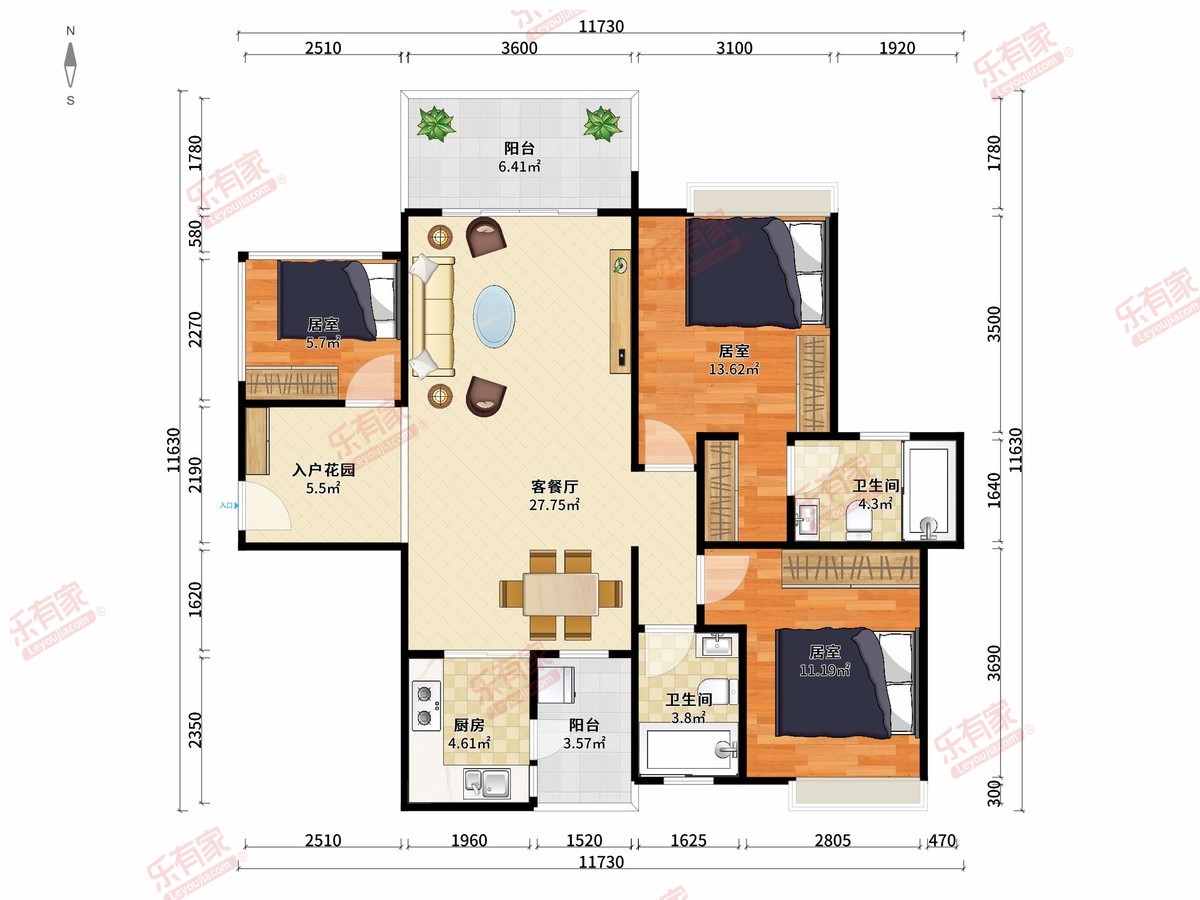 富盈公馆 3房2厅2卫1厨2阳99.03m² 北