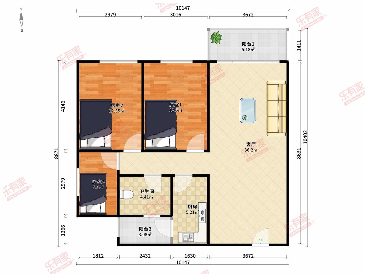 红岗大厦 3房1厅1卫1厨2阳102.0m² 北