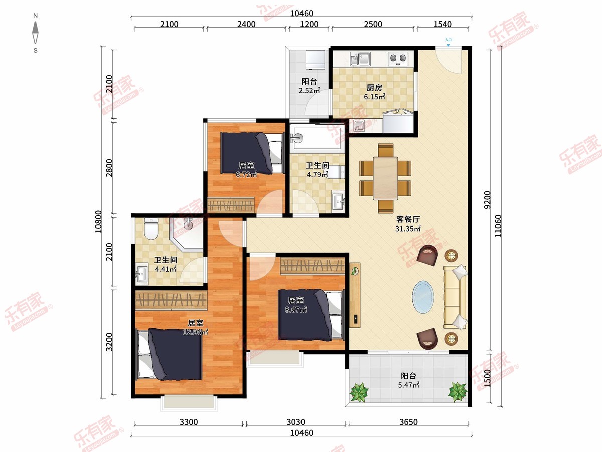 新华联广场 3房2厅2卫1厨2阳96.0m² 南