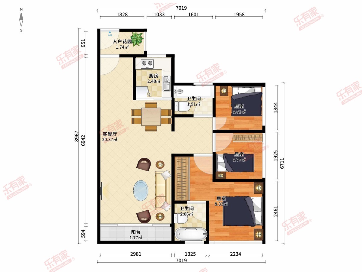 金科景业.雍景园 3房2厅2卫1厨1阳85.0m² 南